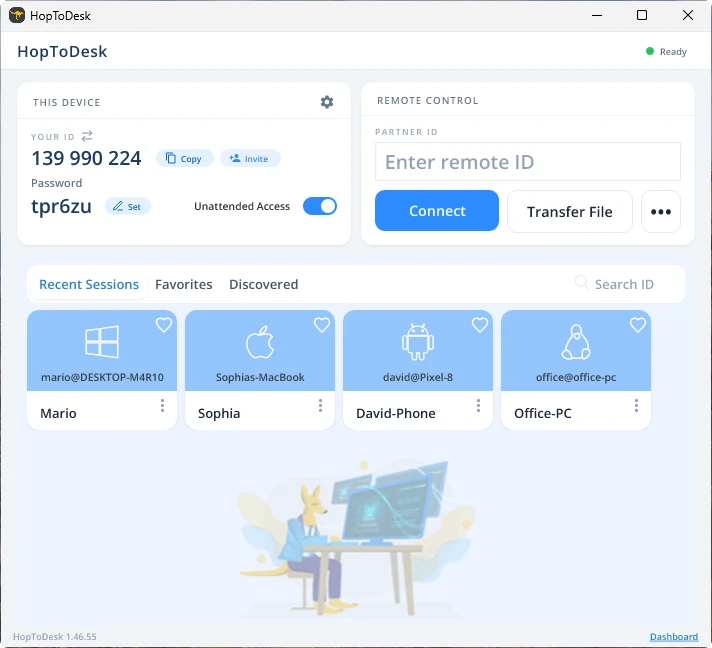 The HopToDesk app with its ID, password and Partner ID box